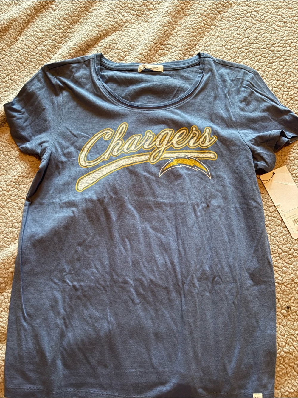 47 Chargers Script Tee in Blue with Gold Detail